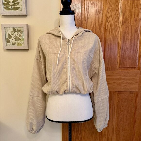 SHEIN Sz M Beige Corduroy Cropped Hooded L/S Jacket Zip Elastic Hem & Sleeves - Picture 1 of 9